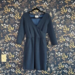HD in Paris Anthropologie Dark Blue Patterned Faux Wrap Long Sleeve Dress Size S